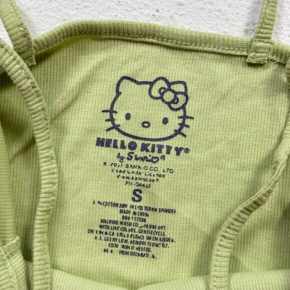 Hello Kitty Patch Green Ribbed Cami Tank Crop Top, Size Small - Picture 4 of 5